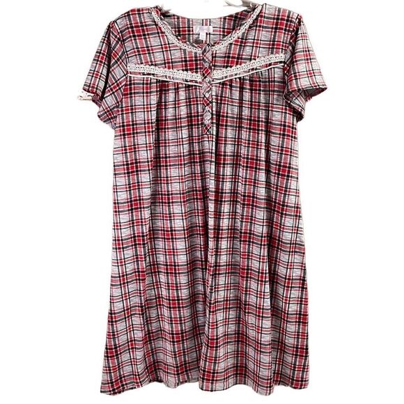SECRET TREASURES SLEEPWEAR Red Black Gray Plaid Fleece Nightgown Size XL 16 / 18 - Picture 1 of 8